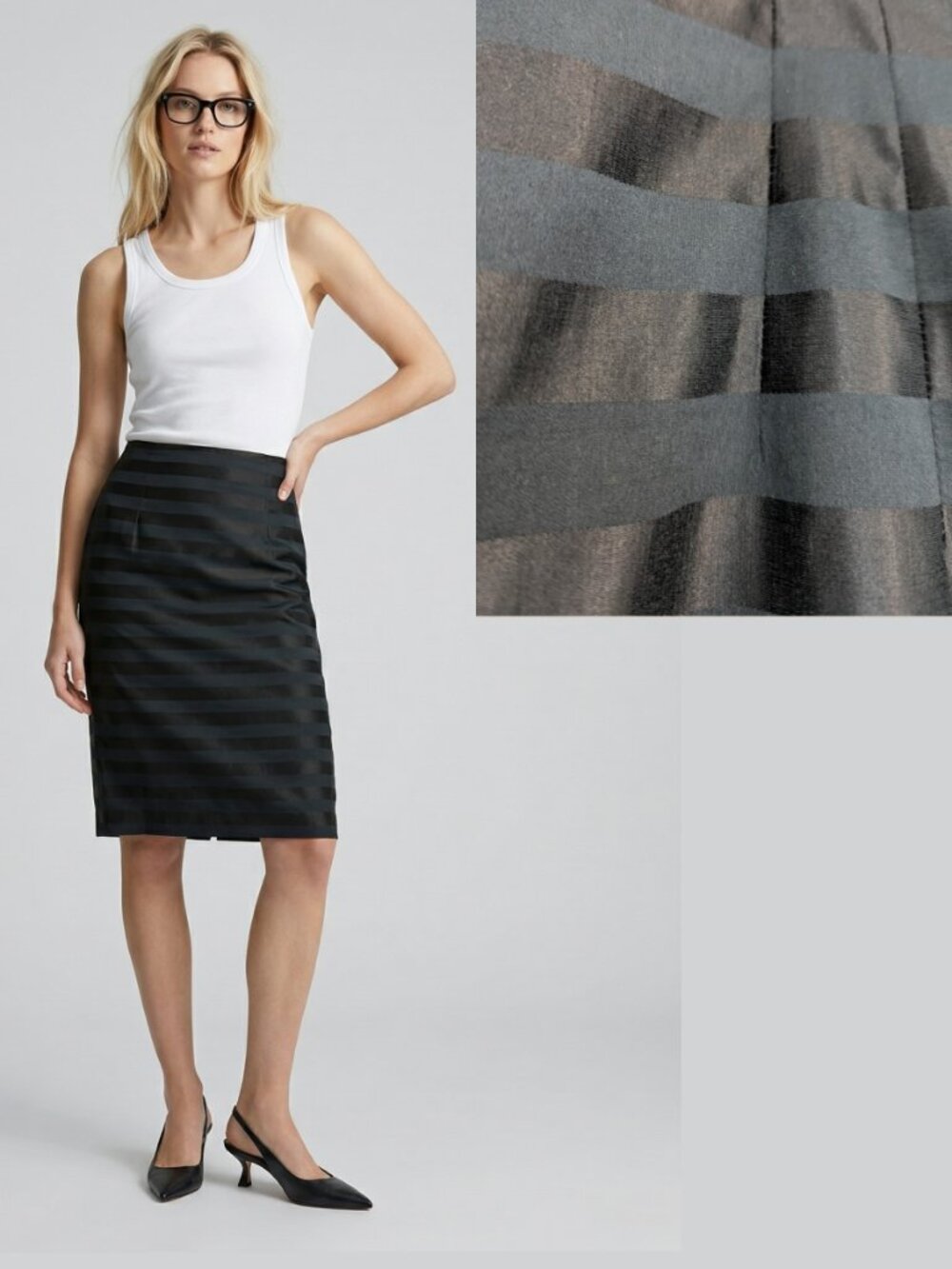 Silk Black Pencil Skirt Striped Texture Lined